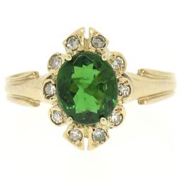 Vintage 14k Yellow Gold 1.15 ctw Green Tourmaline Solitaire & Diamond Halo Ring