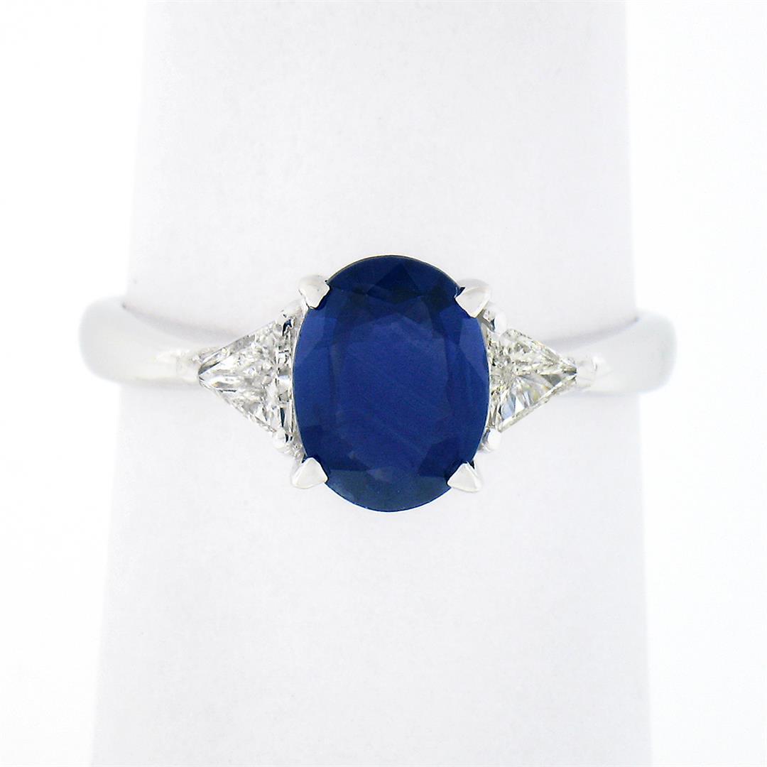 18K White Gold 2.21 ctw GIA Oval Sapphire & Trillion Diamond 3 Three Stone Ring