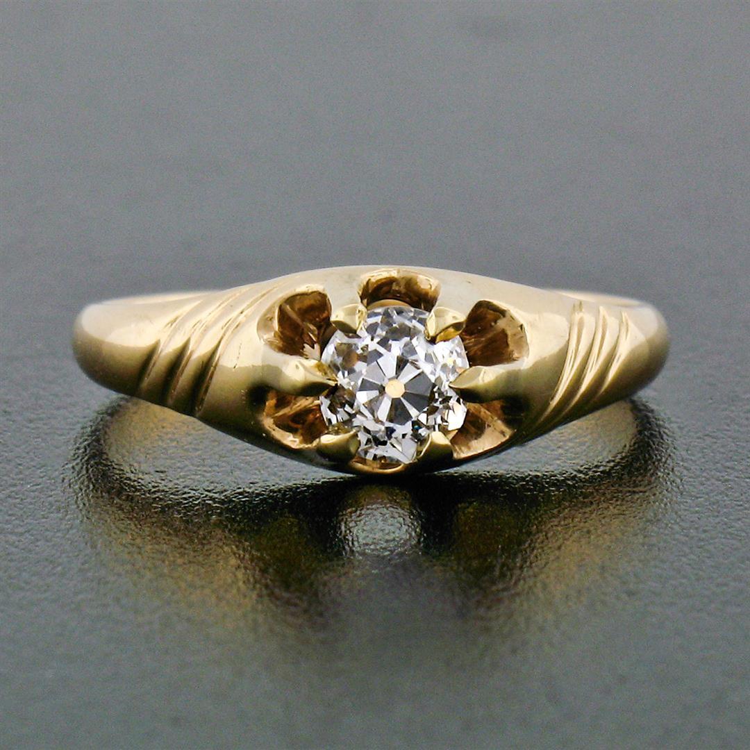 Antique Victorian 14K Gold .40 ctw Cushion Old Mine Diamond Belcher Solitaire Ri