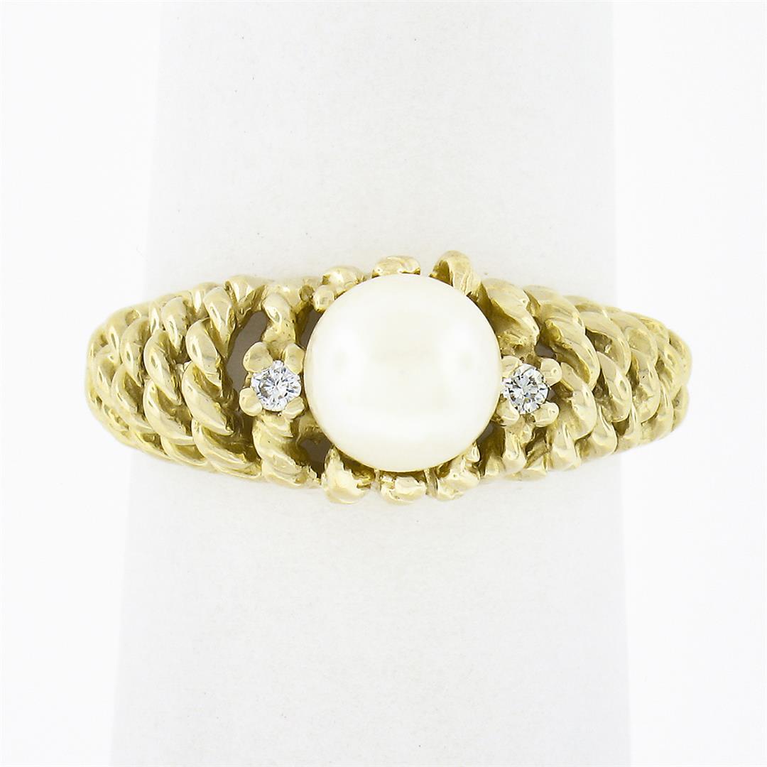 14K Gold Cultured Pearl Solitaire w/ Diamond Open Twisted Wire Work Domed Ring