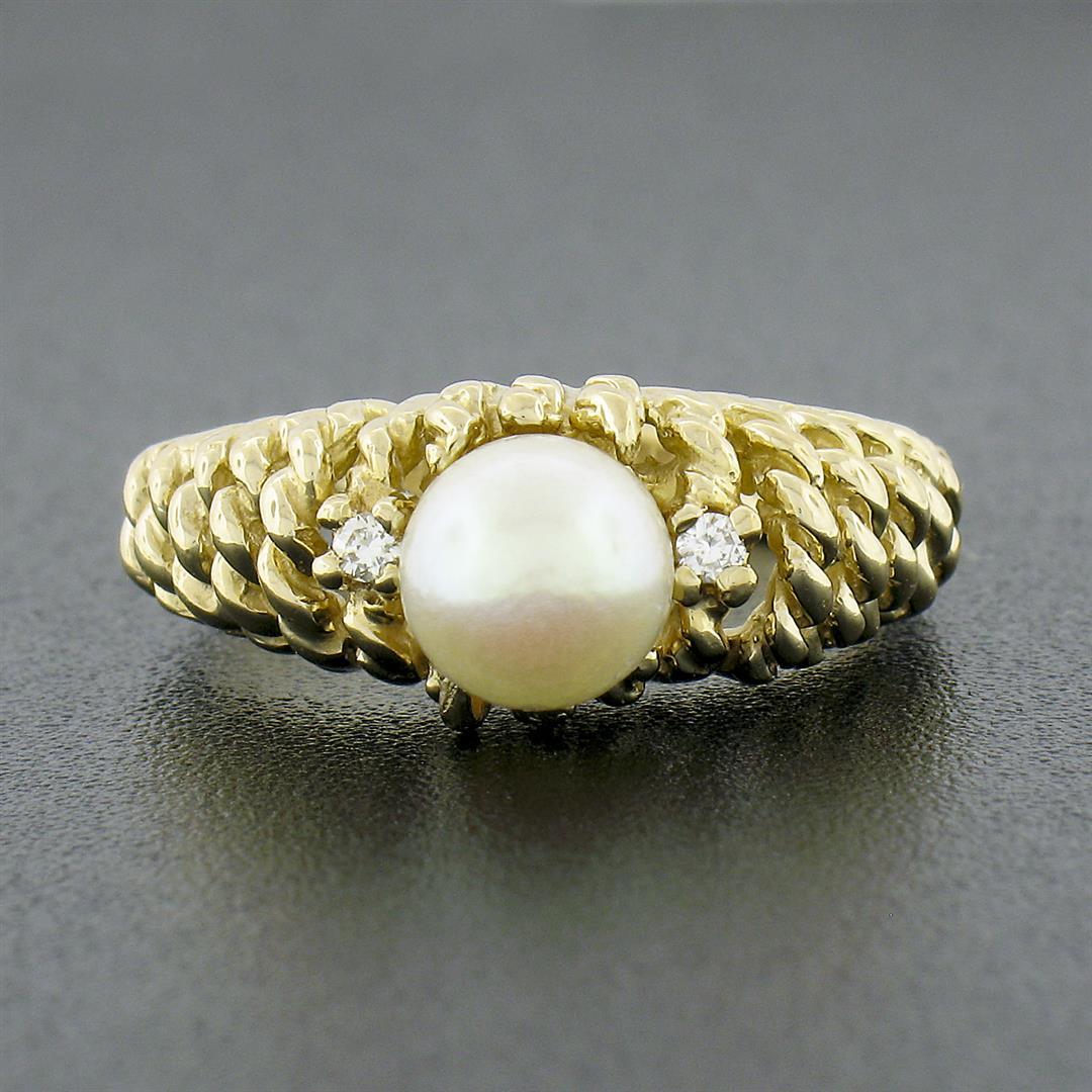 14K Gold Cultured Pearl Solitaire w/ Diamond Open Twisted Wire Work Domed Ring