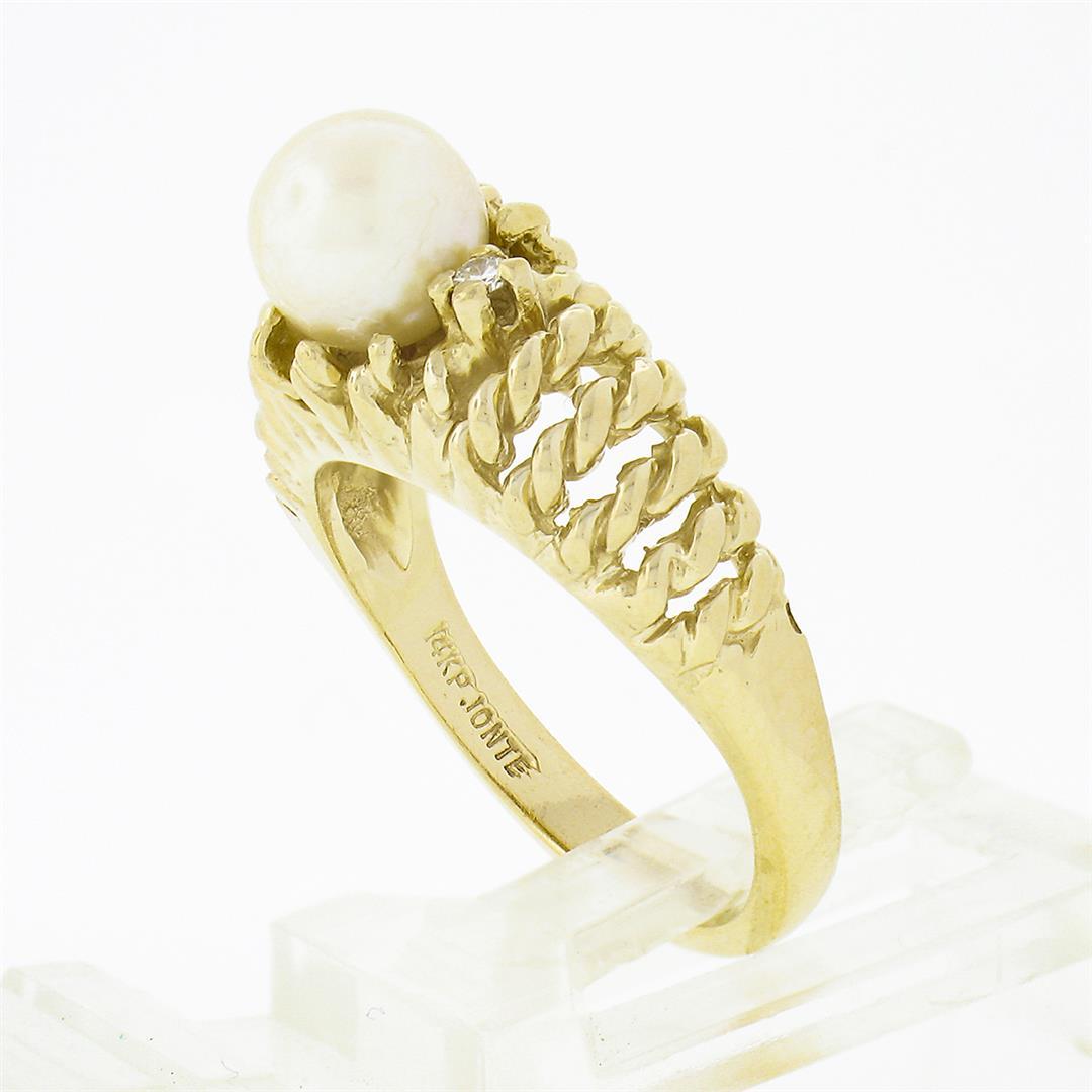 14K Gold Cultured Pearl Solitaire w/ Diamond Open Twisted Wire Work Domed Ring