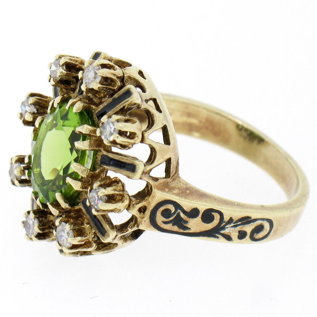 Vintage 14K Yellow Gold 2.43 ctw Oval Peridot Diamond & Black Enamel Halo Ring