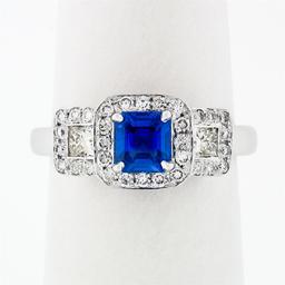 18K White Gold 1.70 ctw AGL Emerald Step Cut Royal Blue Sapphire & Diamond Ring