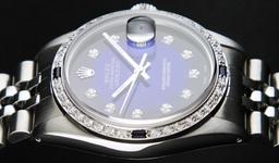 Rolex Mens Stainless Steel Blue Vignette Diamond And Sapphire Datejust Wristwatc