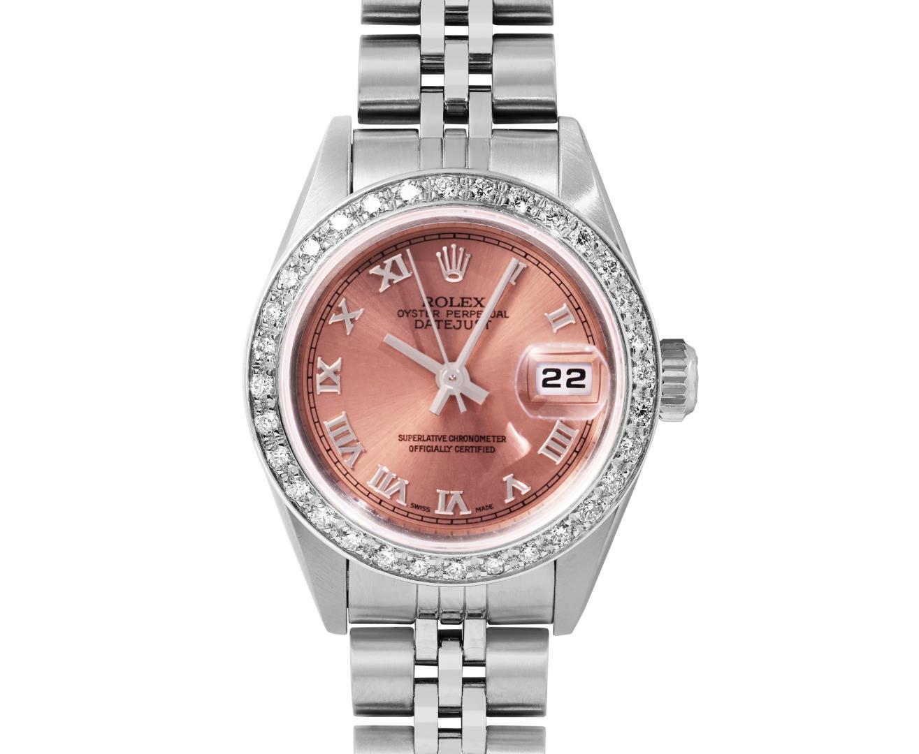 Rolex Ladies Stainless Steel Salmon Roman 18K White Gold Diamond Bezel Datejust