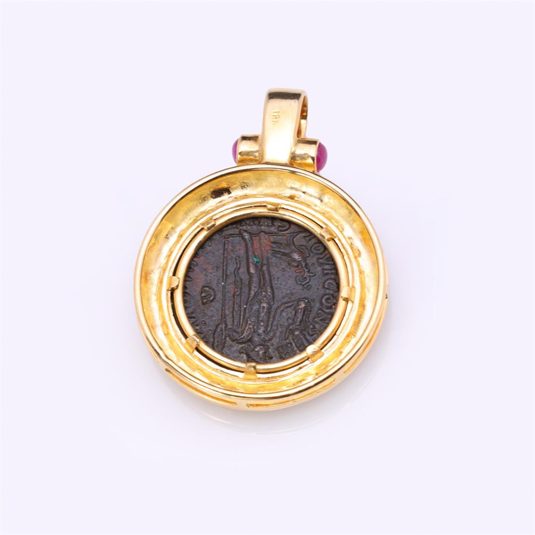 Heavy 18K Yellow Gold Pendant With Rubies & Imperial Roman Copper Coin