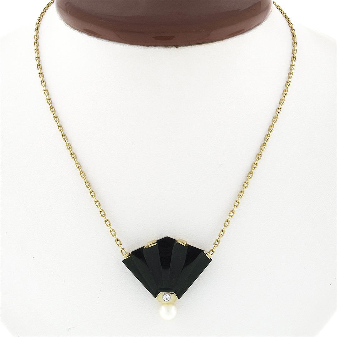 14k Yellow Gold Fan Shape Carved Black Onyx Diamond Pearl Pendant On Cable Chain