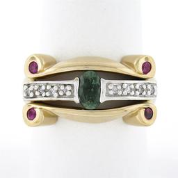 14K TT Gold.92 ctw Oval Sapphire Solitaire Diamond Ruby Sideways Scroll Band Rin