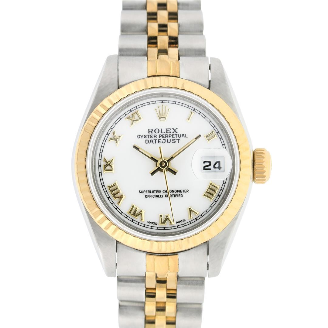 Rolex Ladies 2 Tone Yellow Gold & Stainless Steel White Roman 26MM Oyster Perpet