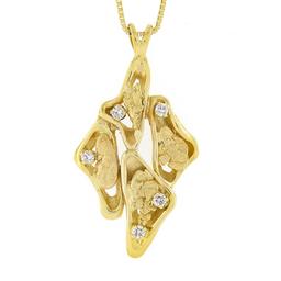 14k Yellow Gold 0.25 ctw Diamond Freeform Nugget Pendant w/ 18" Box Chain Neckla