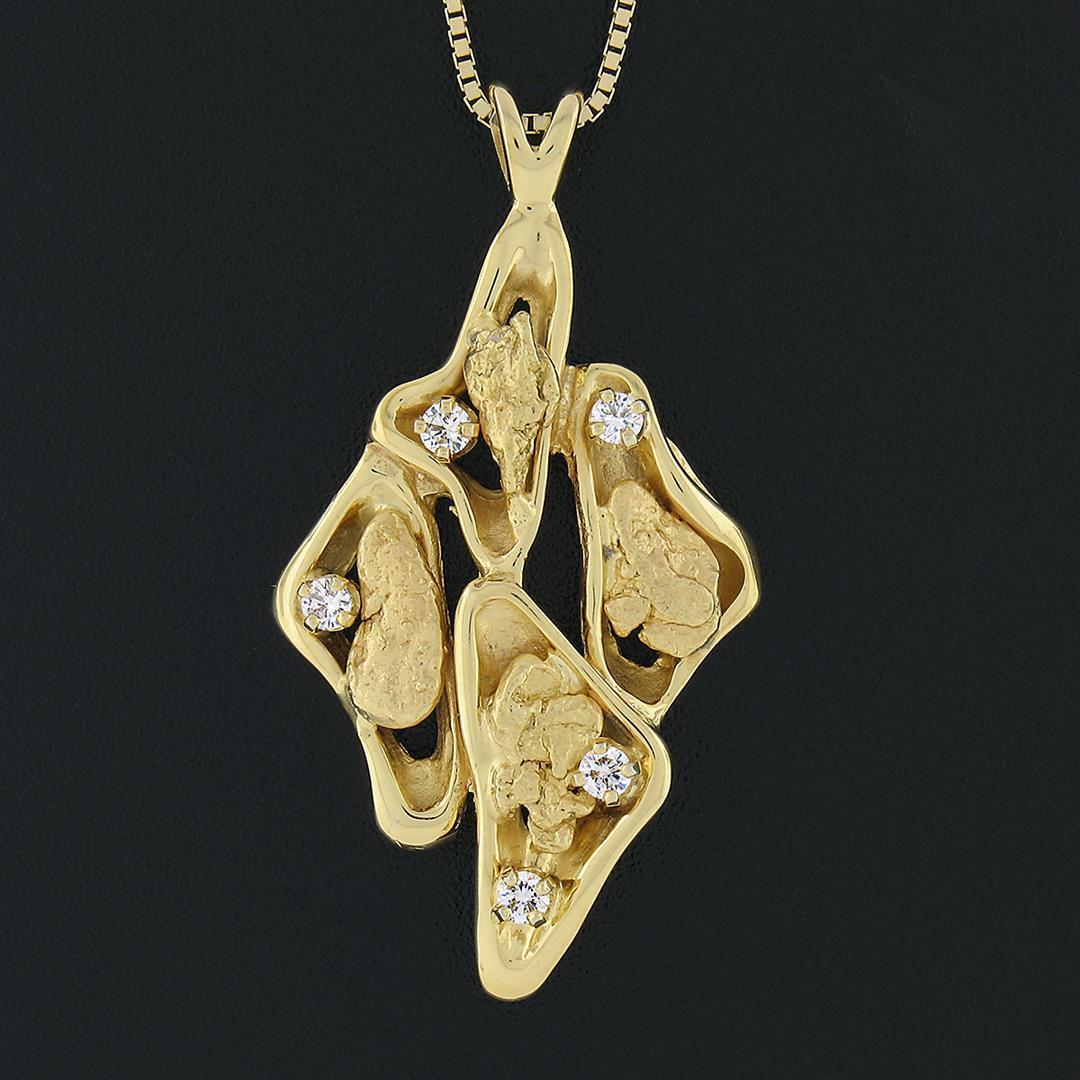 14k Yellow Gold 0.25 ctw Diamond Freeform Nugget Pendant w/ 18" Box Chain Neckla