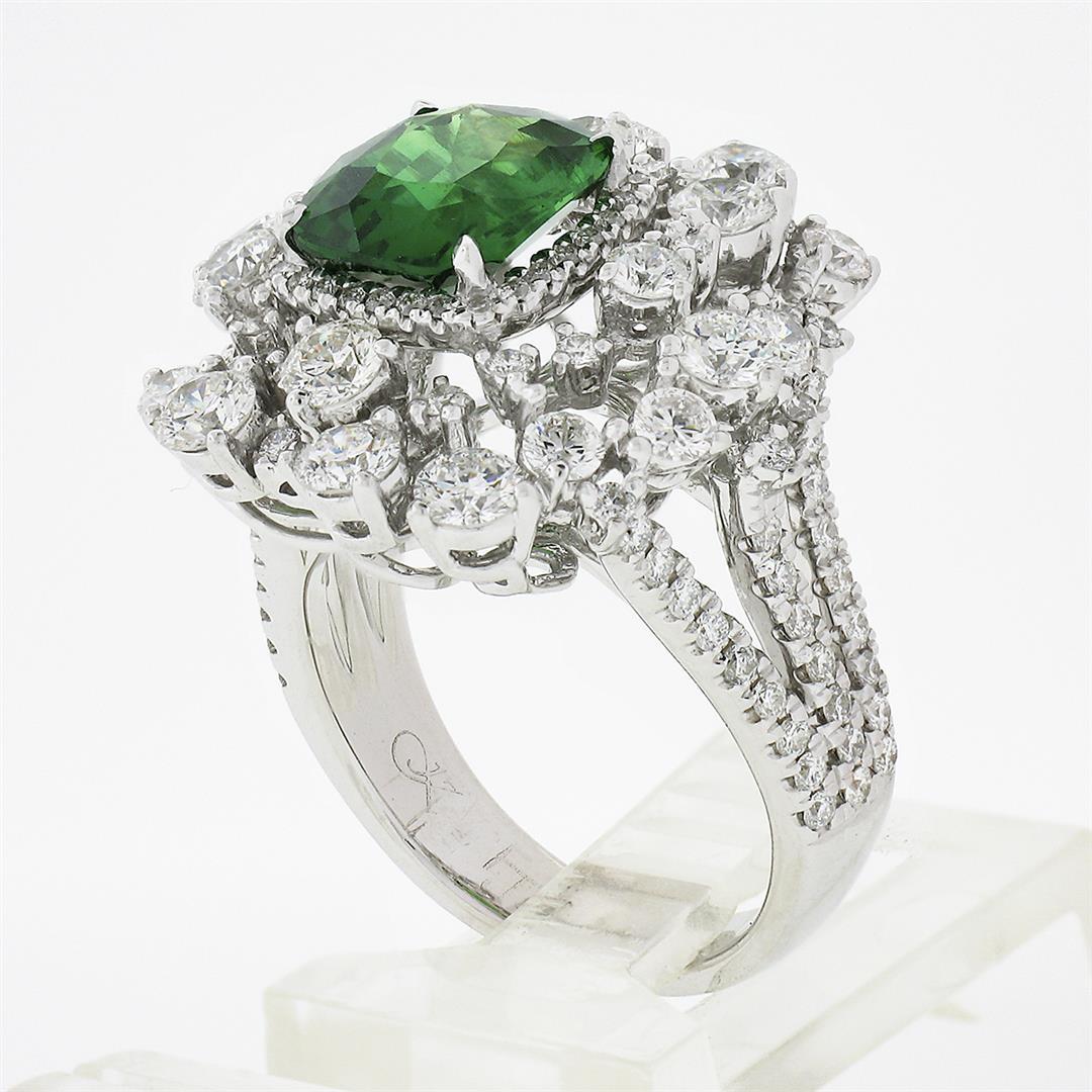 18k White Gold 5.67 ctw GIA Cushion Tsavorite & Diamond Cocktail Statement Ring