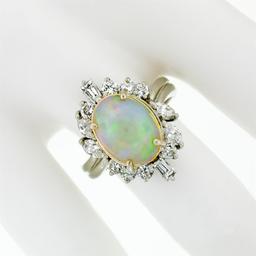 Estate FINE 14K Gold 3.81 ctw Cabochon Opal Round Baguette Diamond Cocktail Ring