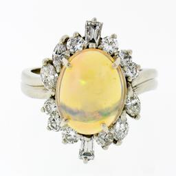 Estate FINE 14K Gold 3.81 ctw Cabochon Opal Round Baguette Diamond Cocktail Ring