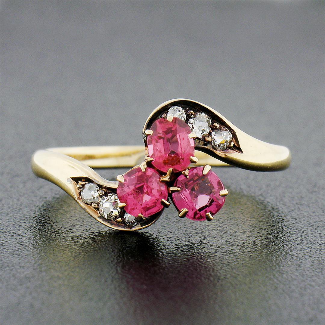 Antique Victorian 14k Gold GIA NO HEAT Pink Spinel Cluster & Diamond Bypass Ring