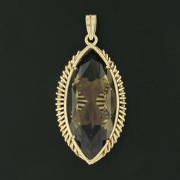 Vintage Retro 14K Gold Large Marquise Smoky Quartz Handmade Open Wire Pendant