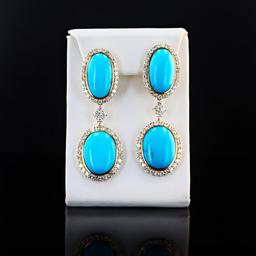 45.67 ctw Turquoise and 6.43 ctw Diamond 14K Yellow Gold Earrings