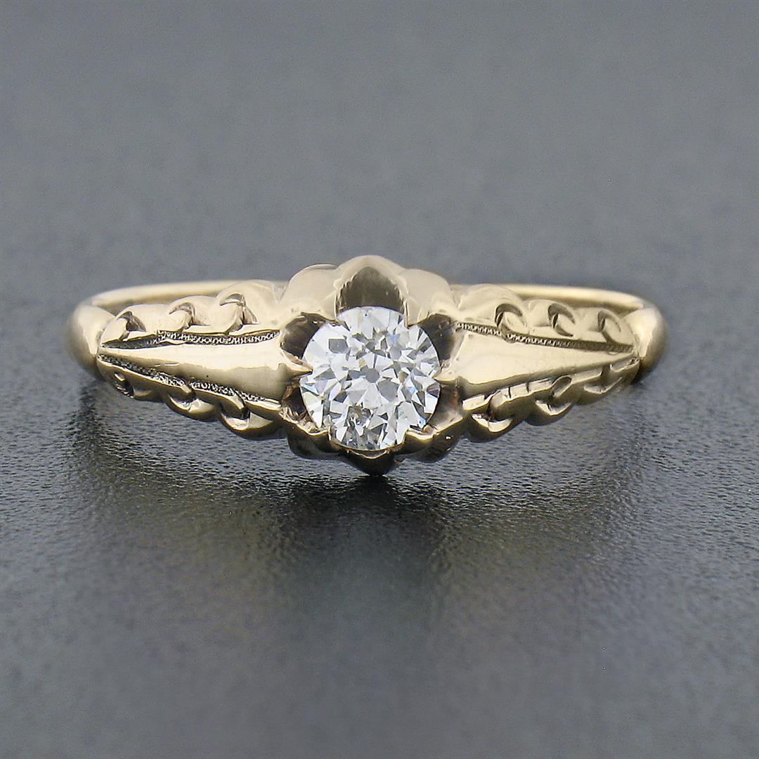 Antique 14k Gold 0.30 ctw Old European Diamond Engagement Ring w/ Repousse Sides