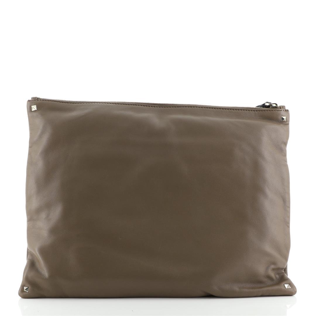 Valentino Rockstud Wristlet Clutch Leather Oversized Brown