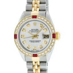 Rolex Ladies Two Tone 18K Yellow Gold And Steel Silver Diamond And Ruby Quickset