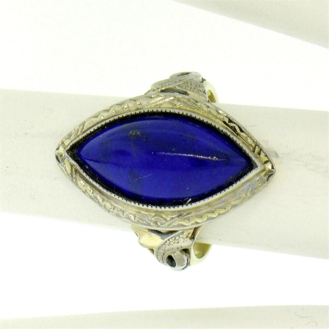 Antique Art Deco 10k White Yellow Gold Bezel Marquise Cabochon Lapis Lazuli Ring