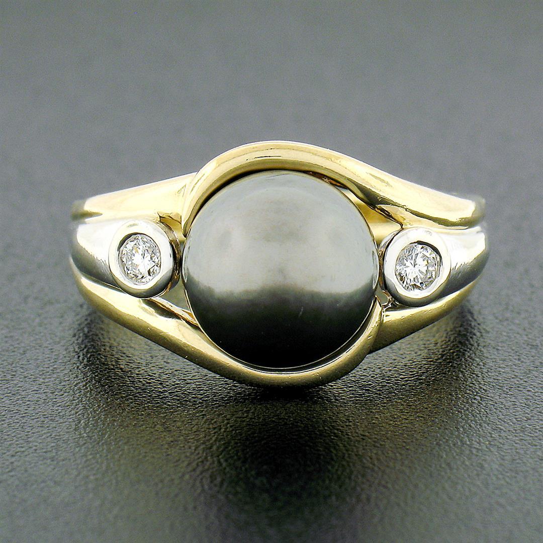 14K TT Gold 10.1mm Dark Gray Tahitian Pearl Solitaire Bezel Diamond 3 Stone Ring