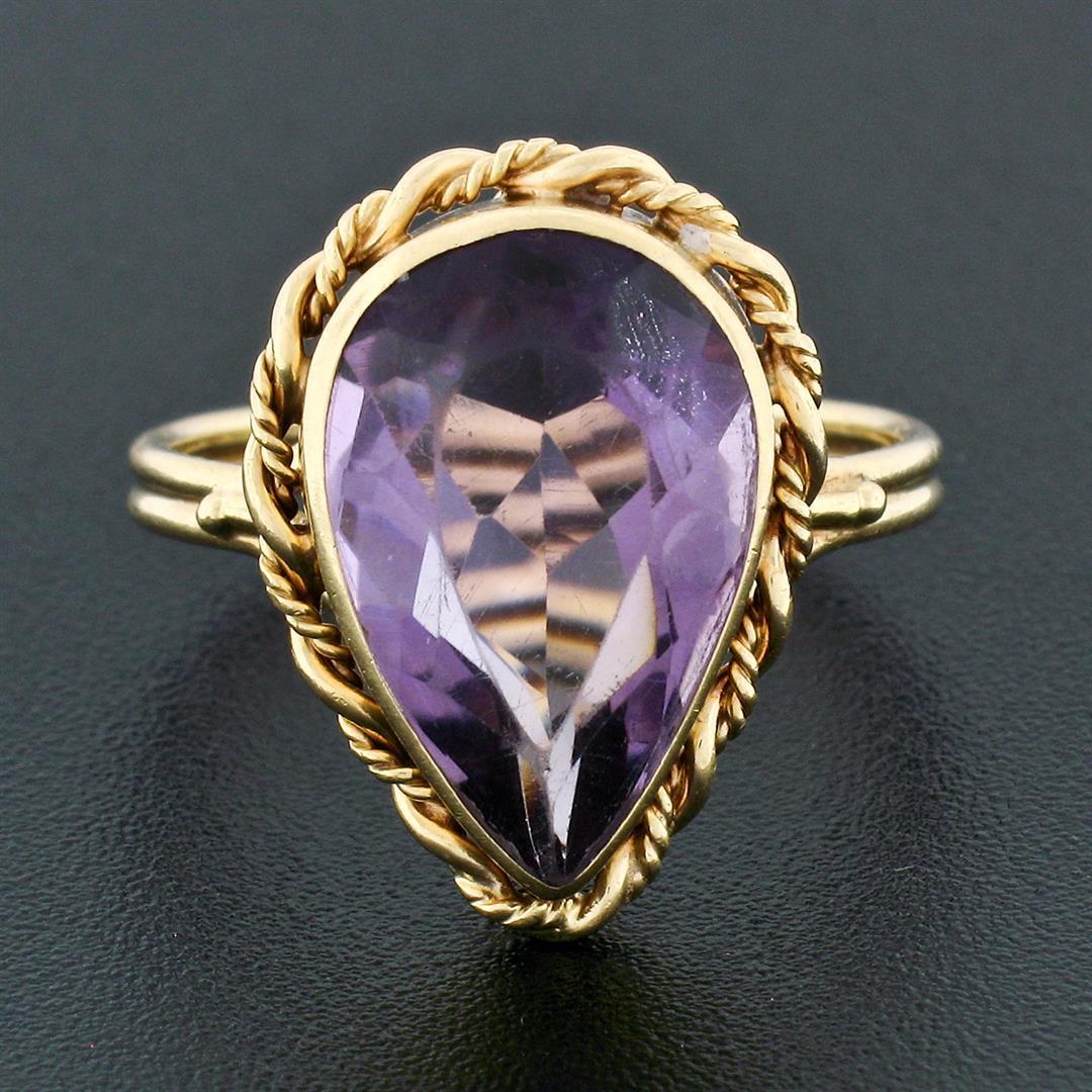 Handmade Vintage 14K Yellow Gold 5.50 ctw Pear Amethyst Ring w/ Twisted Wire Fra