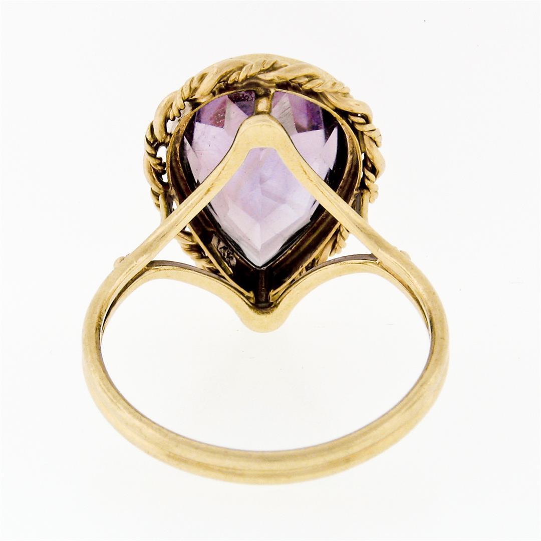 Handmade Vintage 14K Yellow Gold 5.50 ctw Pear Amethyst Ring w/ Twisted Wire Fra