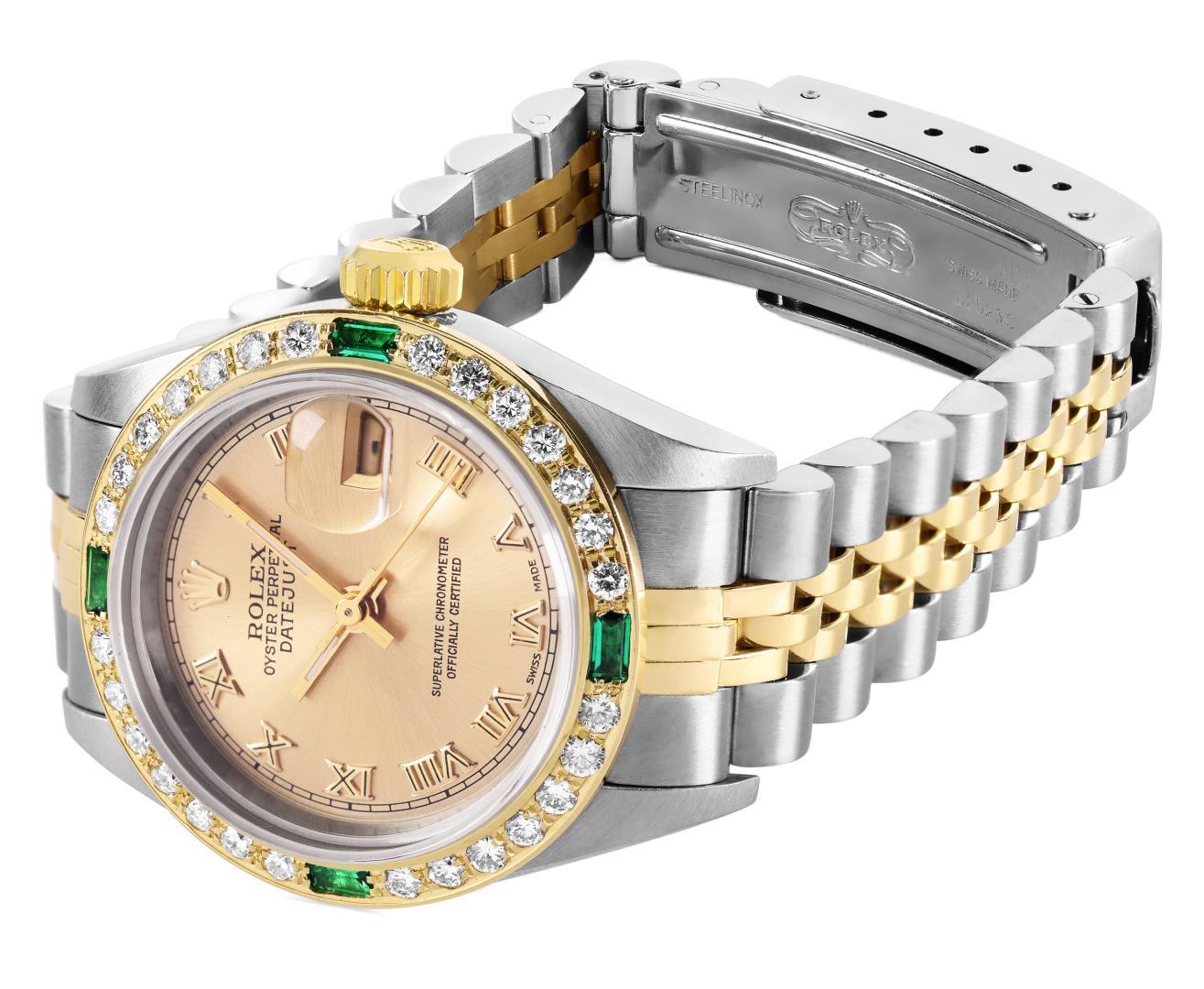 Rolex Ladies Quickset Sapphire 18K Two Tone Champagne Roman Diamond And Emerald