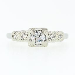 Vintage 14k White Gold 0.37 ctw Round Diamond Solitaire & Accents Engagement Rin