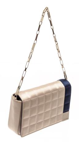 Chanel Beige Blue Satin Chocolate Bar Chain Shoulder Bag