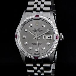 Rolex Mens Stainless Steel Gray Diamond And Ruby Datejust Wristwatch 36MM