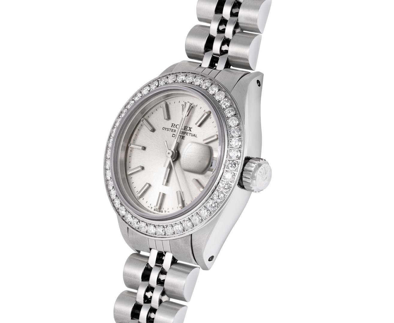 Rolex Ladies Stainless Steel Silver Index Diamond Bezel Date Watch With Rolex Bo