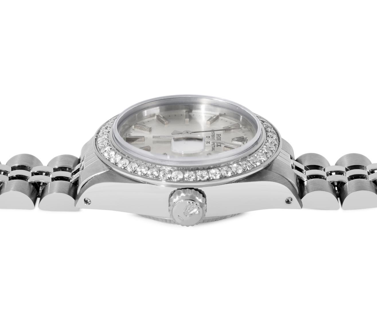 Rolex Ladies Stainless Steel Silver Index Diamond Bezel Date Watch With Rolex Bo
