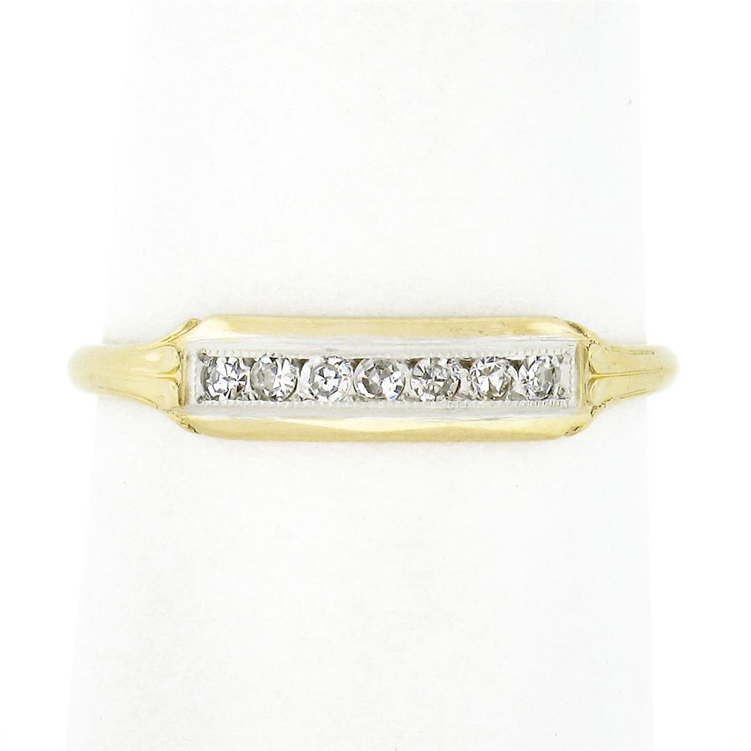 Antique 14k Yellow Gold Palladium Top .12 ctw Single Cut Diamond Channel Band Ri