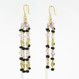 Vintage 18k Gold 4 Strand Amethyst Black Onyx Rondelle Bead Drop Dangle Earrings