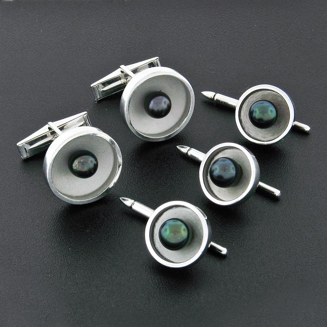 Estate Men's 14k White Gold Round Black Pearl Cuff Links & 3 Button Stud Set