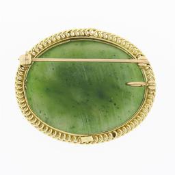 Vintage 14k Gold Oval Cabochon Jade Seed Pearl Twisted Wire Frame Brooch Pendant