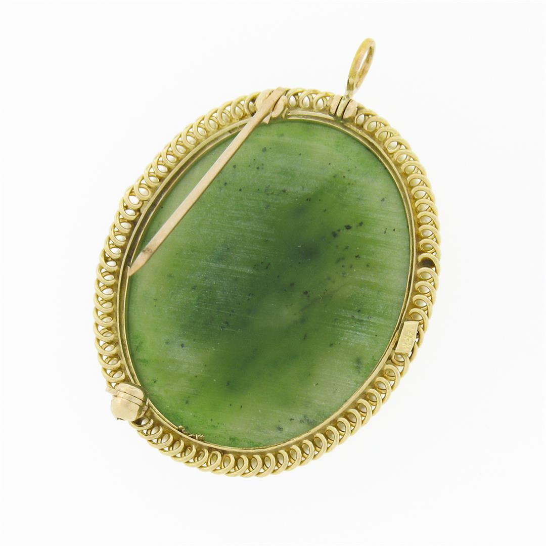 Vintage 14k Gold Oval Cabochon Jade Seed Pearl Twisted Wire Frame Brooch Pendant