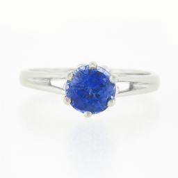 Vintage 14k White Gold 1.26 ctw Round Sapphire Solitaire Open Work Engagement Ri