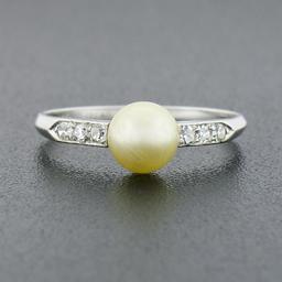 Antique Art Deco .900 Platinum Cultured Pearl Solitaire Single Cut Diamond Ring