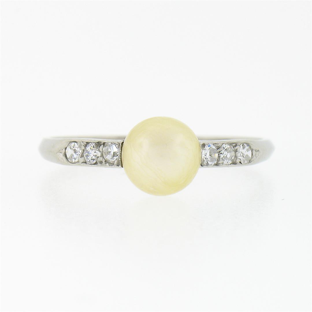 Antique Art Deco .900 Platinum Cultured Pearl Solitaire Single Cut Diamond Ring
