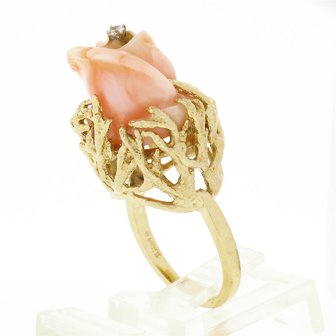 Vintage 14k Gold Rose Carved Coral High Relief Diamond Center Open Freeform Ring