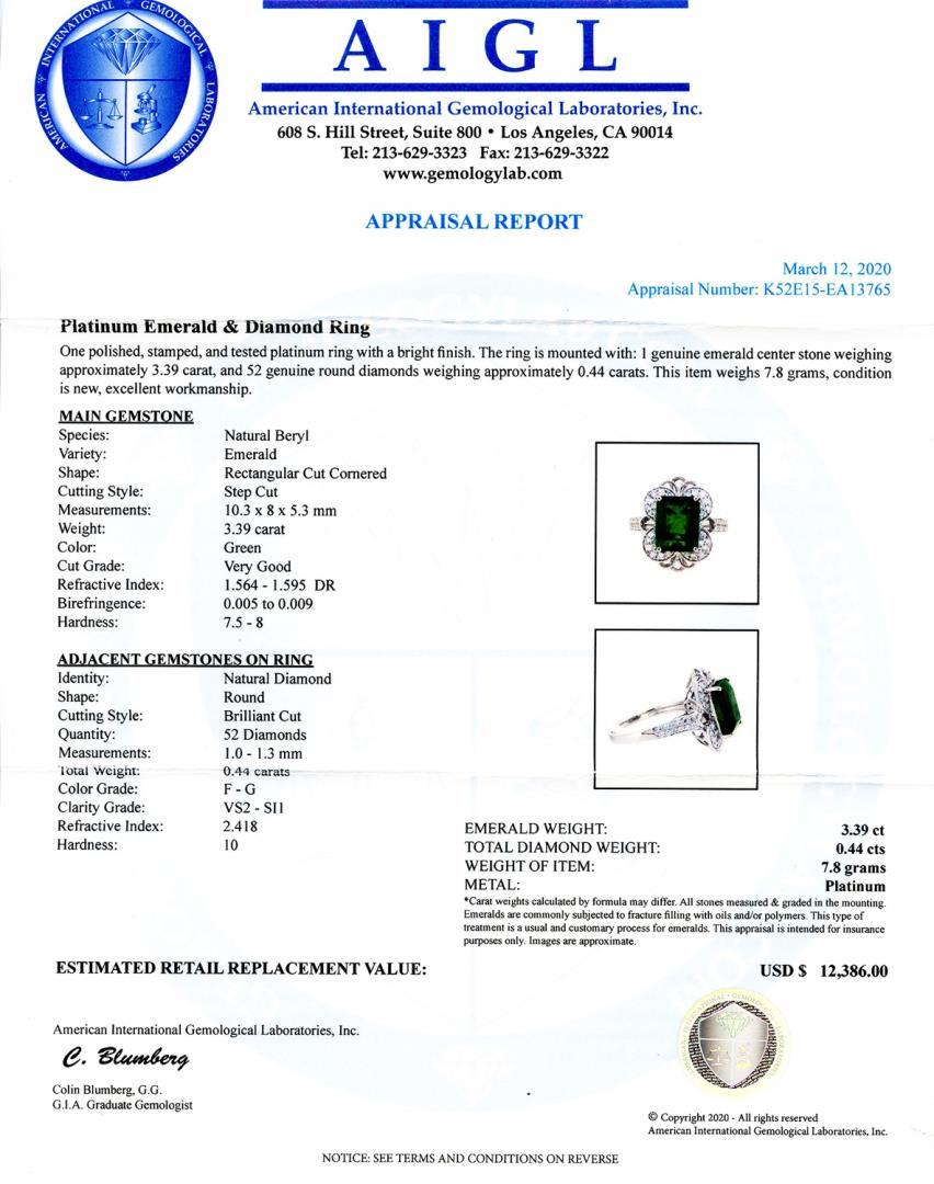 3.39 ctw Emerald and 0.44 ctw Diamond Platinum Ring