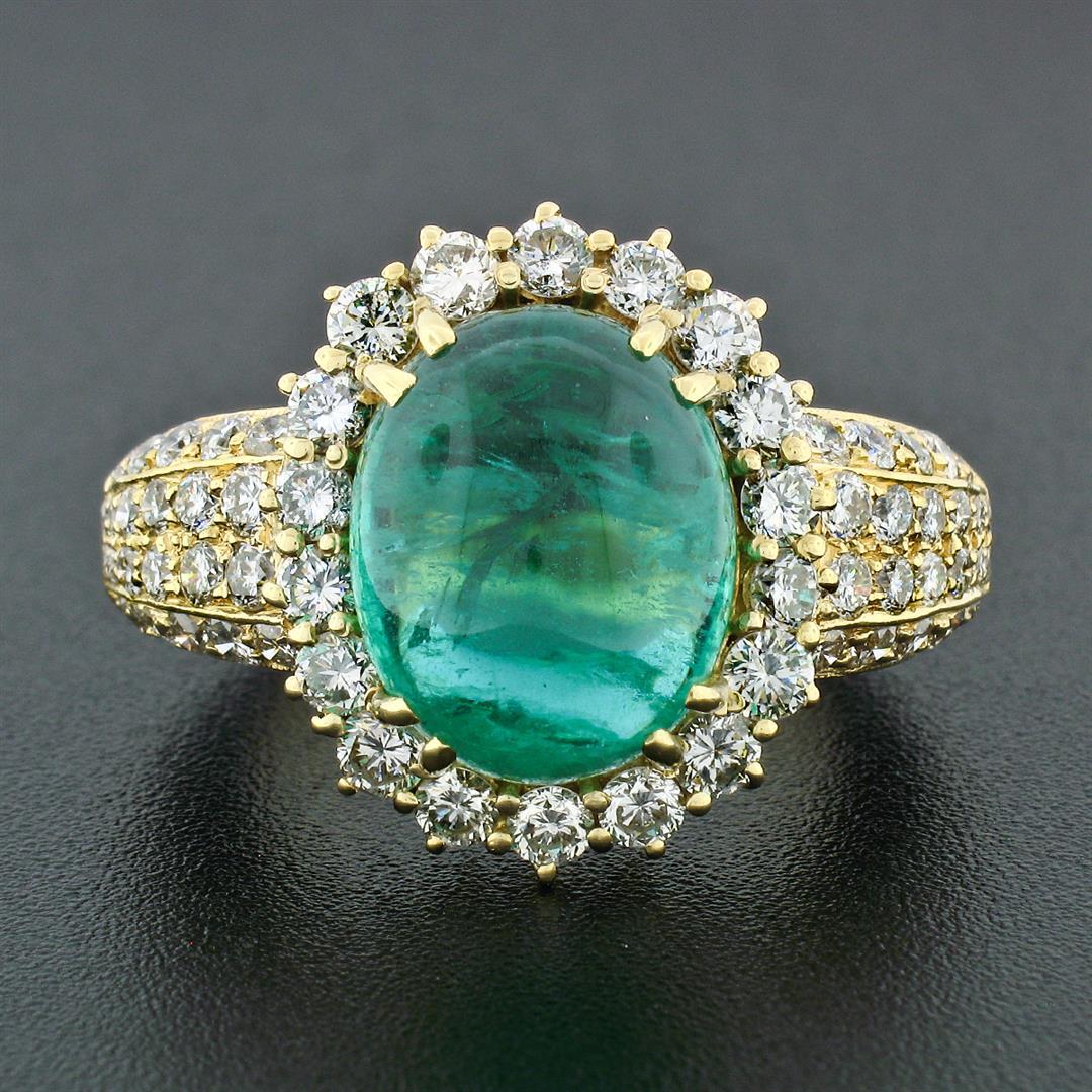 Vintage 18k Gold 11.08 ctw AGL Oval Cabochon Emerald & Pave Diamond Cocktail Rin