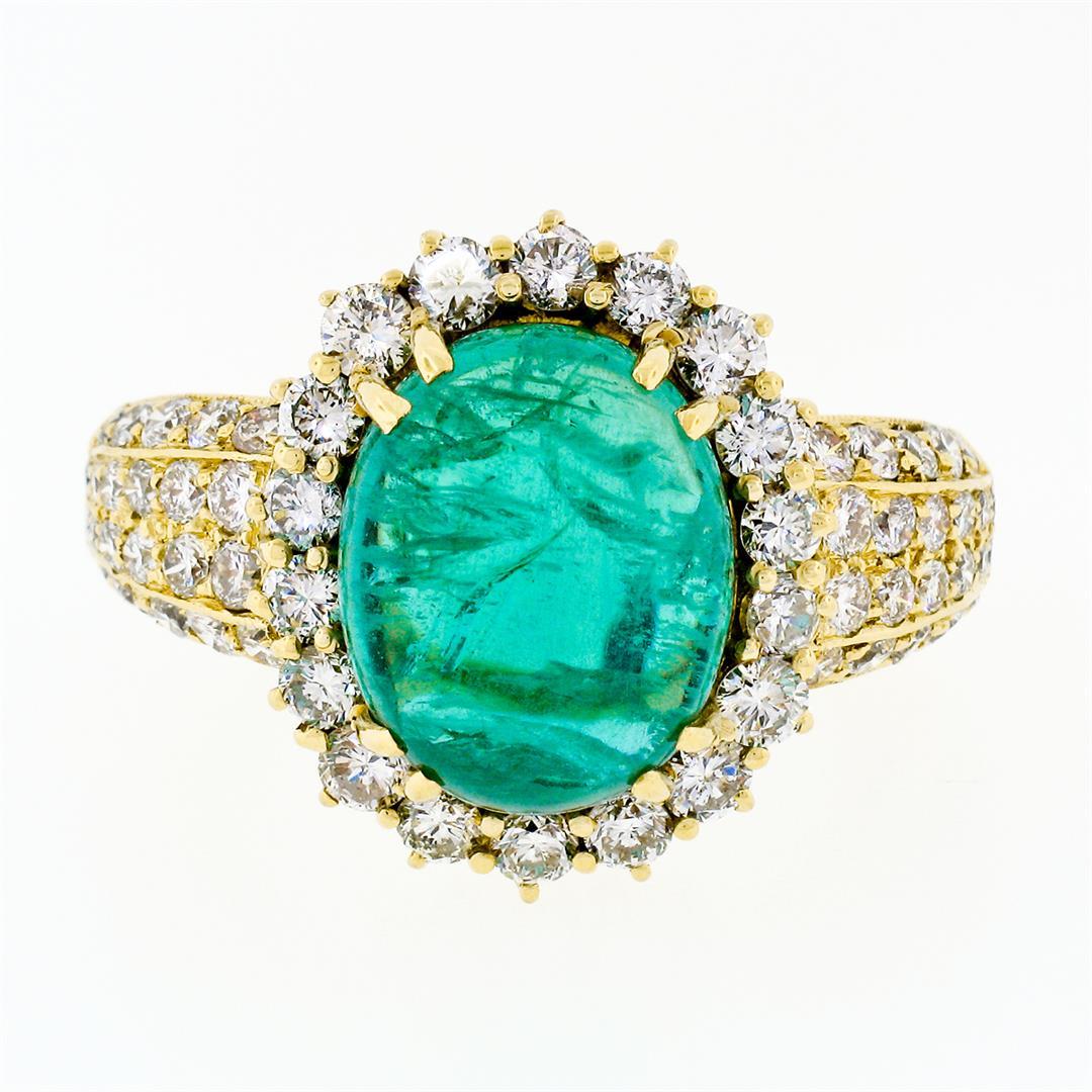 Vintage 18k Gold 11.08 ctw AGL Oval Cabochon Emerald & Pave Diamond Cocktail Rin