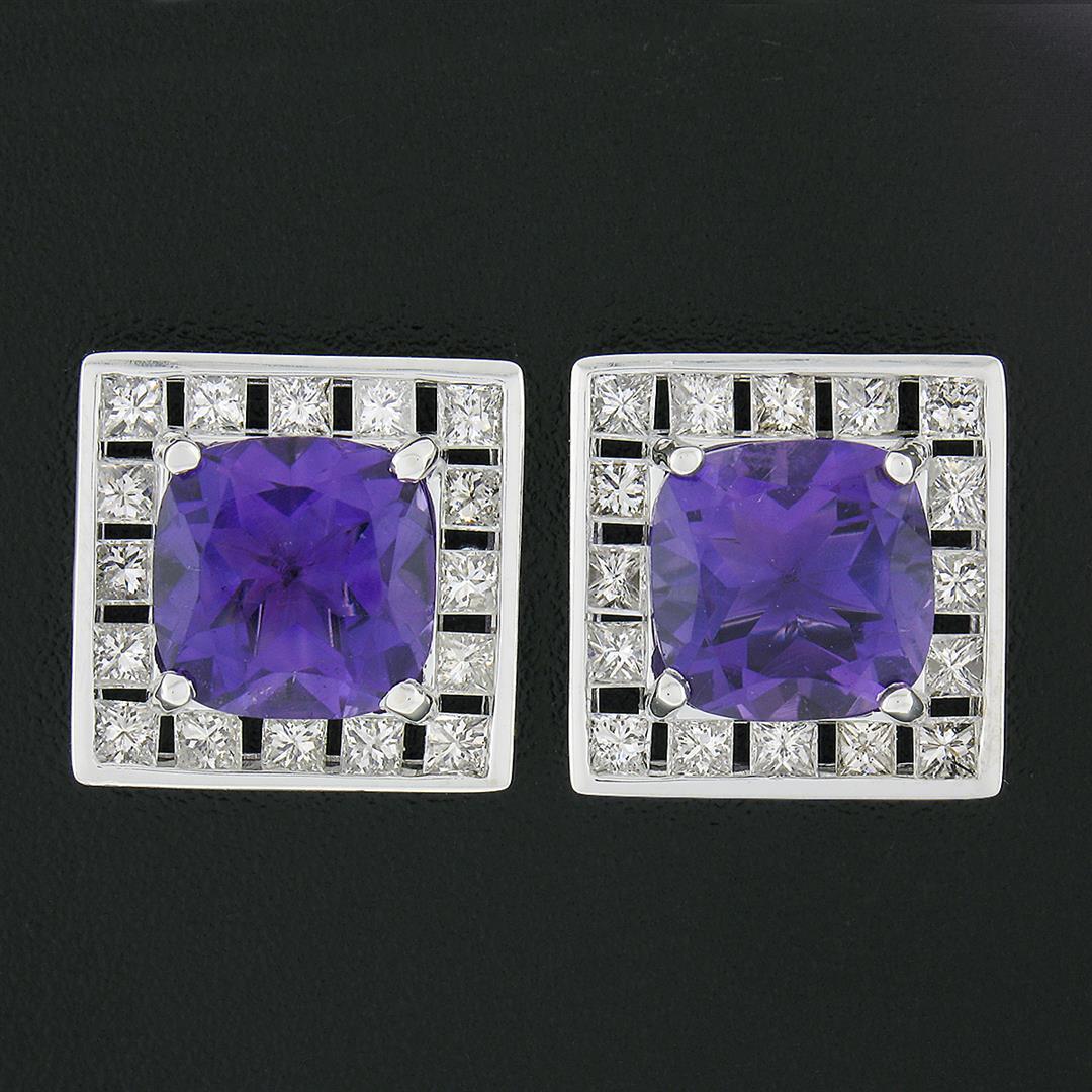 Unique 18k Gold 4.6 ctw Cushion Amethyst Channel Diamond Halo Square Stud Earrin