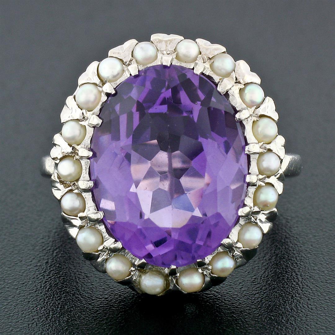 Vintage 14k White Gold Large 10.28 ctw Oval Amethyst Solitaire Ring w/ Pearl Hal