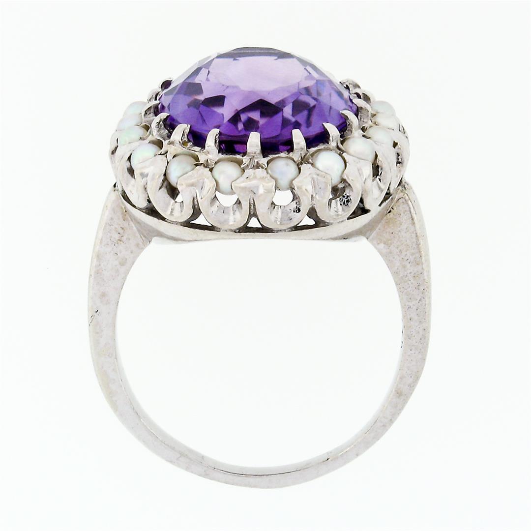 Vintage 14k White Gold Large 10.28 ctw Oval Amethyst Solitaire Ring w/ Pearl Hal